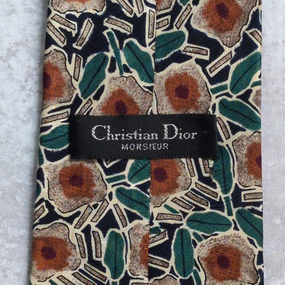 VINTAGE Christian Dior Monsieur Silk Tie Geometric Floral Navy Green Brown USA - Picture 3 of 6